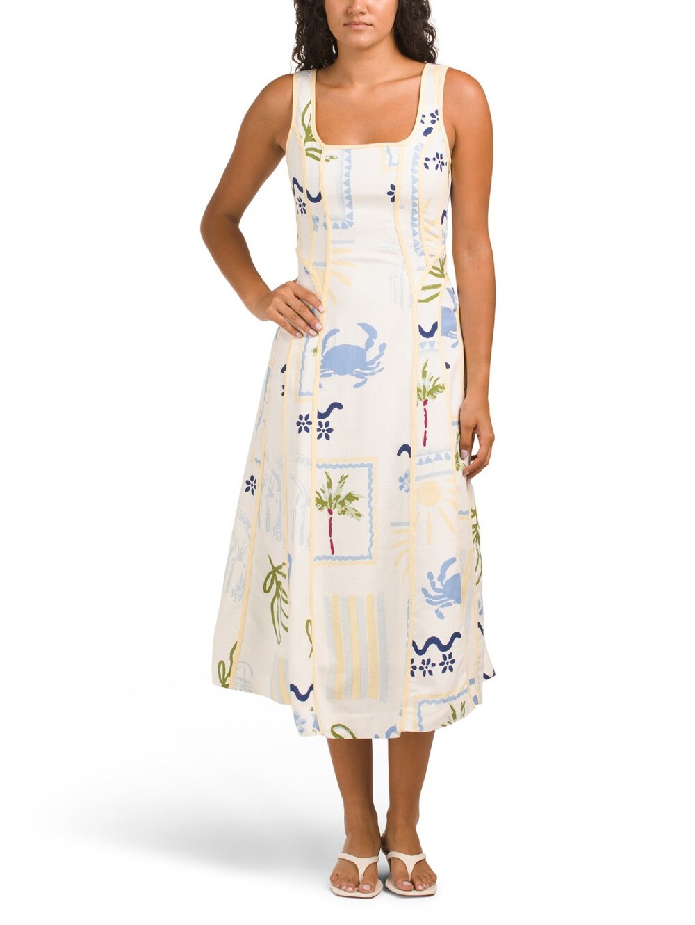 Caroline Constas Coastal Sun Linen Blend Midi Dress, Yellow Trim, Size- L